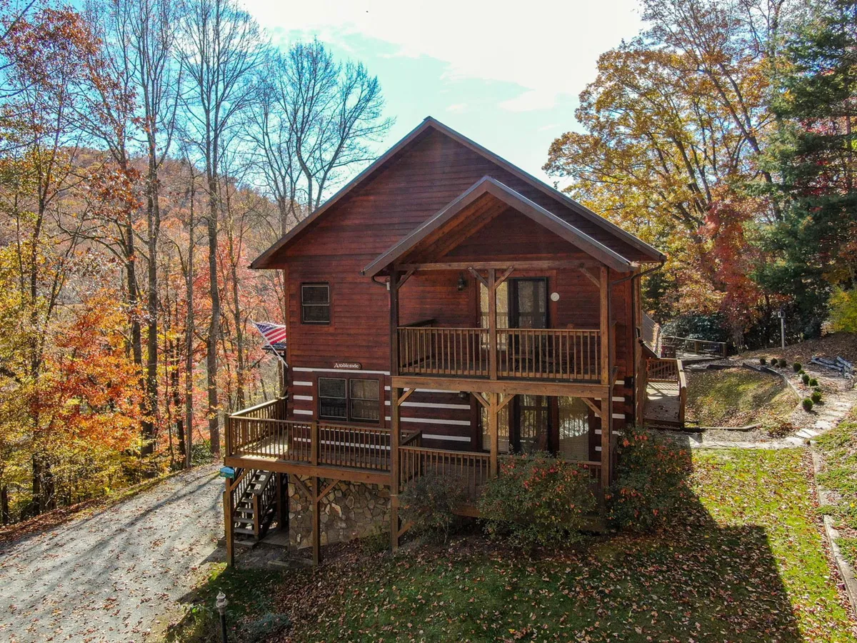 A broad exterior view of the log cabin, showing the structure nestled among mature trees, a balcony, and a pathway leading up to the house. The natural surroundings and visible outdoor gathering spaces evoke the sense of adventure and connection to nature central to the section.